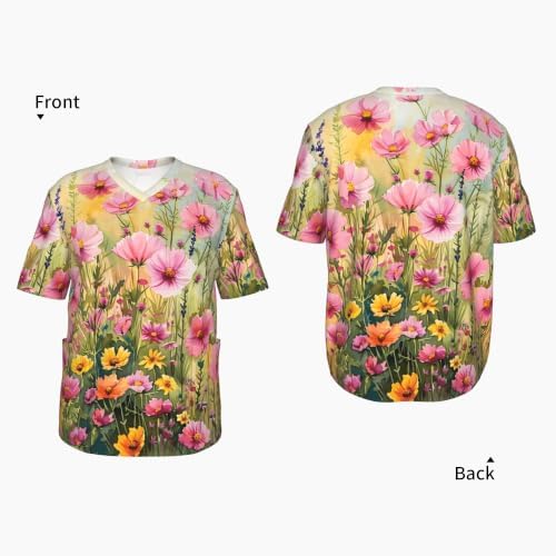 Men's Scrub Top,V-Neck Spill Wrinkle Resistant,3 Pockets-Watercolor Wildflower Field - Image 4