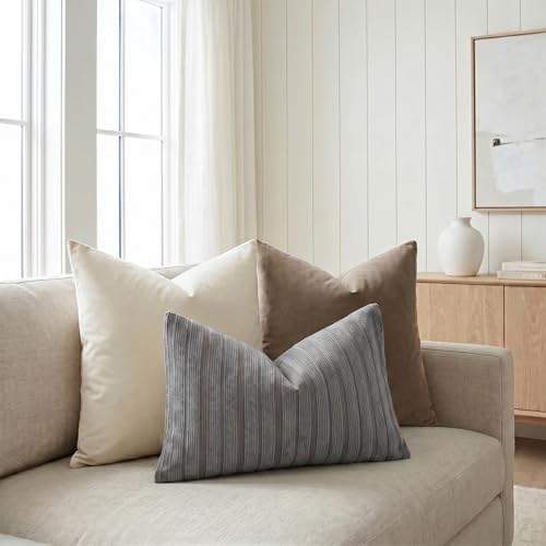 DEZENE 12x20 Grey Lumbar Pillow Covers Soft Striped Corduroy Modern Neutral Rectangular Throw Pillow Cases for Couch Sofa Bedroom Living Room Home Decor - Image 6