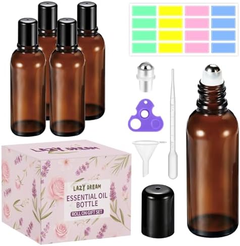 5ML Roller Bottles for Essential Oil, 4 Pack Empty Amber Glass Roller Bottle for Perfume Oil, Roll on Bottles with Stainless Steel Roller Balls, Opener, Funnel and Dropper for Aromatherapy, Massage by Lazy+Dream