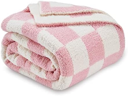 CozeCube Pink White Reversible Checkered Knit Throw Blanket 50"x60" by CozeCube