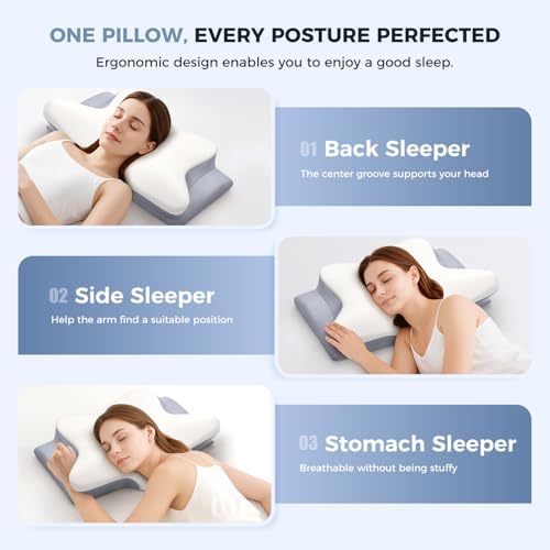 Cervical Neck Pillow, Memory Foam Pillows for Neck and Shoulder Pain Relief, 2 Heights Ergonomic Pillow with Breathable Ice Silk Cover, White - Image 6