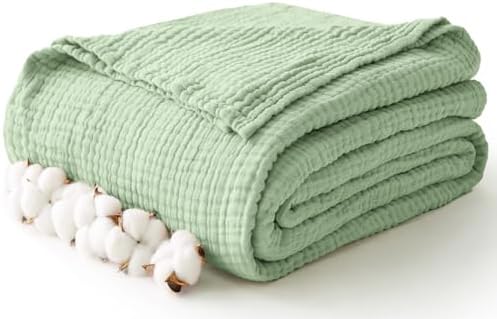 100% Cotton Muslin Blanket Large 50" x 70", 6 Layers Breathable and Lightweight Cotton Throw Blanket for Bed and Couch, Soft Quilt Bedspread, Gauze Blanket for Adults All Season, Sage Green by Kozyhvn