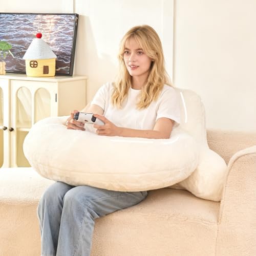 19" Reading Pillow for Bed,U Shaped Arm & Elbow Support,White Faux Fur by Wervity