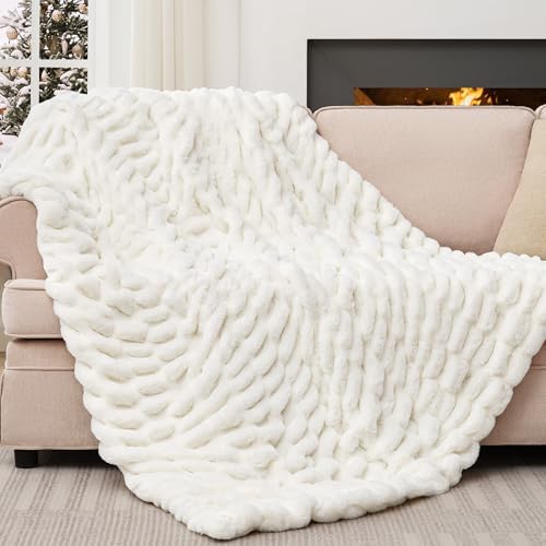 Touchat Ruched Rabbit Faux Fur Blanket Twin,Fluffy Soft Blanket,Cream White - Image 5