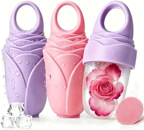 3 Pack Ice Roller for Face, Facial Ice Roller Silicone Mold Reusable for Face Women and Eye Neck Cold Skin Care Tools Freezer De Puff Eye Bags Reduce Migraine Pain Pink 1 + Purple 2 by Mabnuby