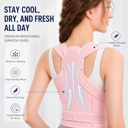 Posture Corrector for Women, Breathable Back Brace for Slouching & Upper Back Pain Relief, Invisible Under Clothes Shoulder Straightener with 4 Support Stays & Anti-Chafing Padded Straps, Pink (pink M) - Image 4