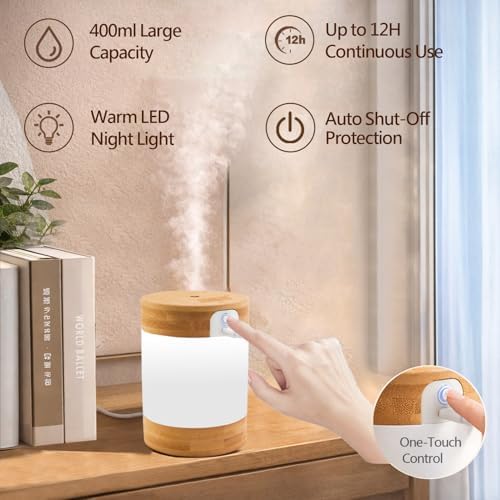 Bamboo Cool Mist Humidifier with Phone Stand, 400ml Ultrasonic Mini Humidifier, Quiet Desktop with Dual LED Night Light, USB-C Portable, Auto Shut-Off for Bedroom, Office, Travel - Image 2