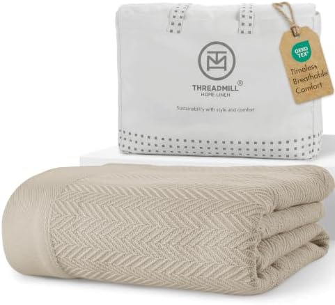 Threadmill Luxury 100% Cotton Twin Herringbone Blanket, Sand by ThreadmillHomeLinen