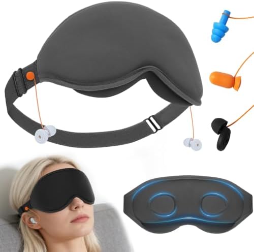 3D Contoured Sleep Mask with Earplug Keeper,Earbuds Anti-Loss,100% Pressure-Free & Total Light Blocking Eye Mask with Adjustable Strap. Ideal for Sleep Earplug User, Airplane Travel, Meditation,Grey by VFM