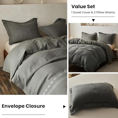 Simple&Opulence 100% Linen Duvet Cover Set with Crossed Embroidery Washed - 3 Pieces (1 Duvet Cover with 2 Pillow Shams) Soft Breathable Farmhouse - Cushing Green, Queen Size - Image 5