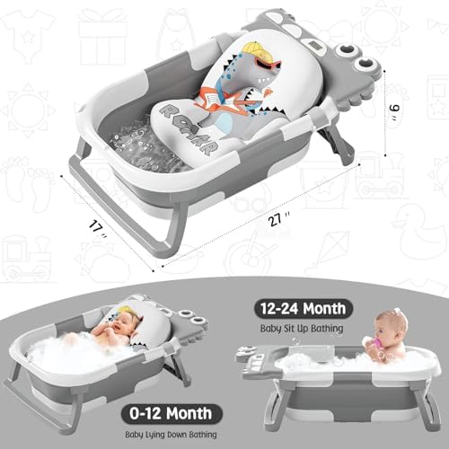 MoreFeel Collapsible Baby Bathtub for Newborn with Thermometer & 1 Hooded Towel & 1 Soft Floating Cushion,Portable Travel Bathtub with Drain Hole, Durable Foldable Baby Tubs for Infants to Toddler - Image 6