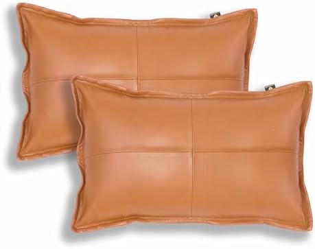 LL LEATHER LOVERS 100% Lambskin Leather Pillow Cover - Sofa Cushion Case - Decorative Throw Covers for Living Room & Bedroom, Camel Antique Box Pack of 2-14X22 Inch by LLLEATHERLOVERS