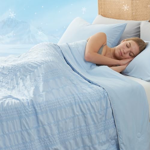 Cozy Bliss Seersucker Cooling Comforter Queen Size, Q-Max 0.45 Reversible Lightweight Cooling Blanket, Breathable Silk Smooth Summer Bedding Quilt for Hot Sleepers Night Sweats Cold Blue - Image 2