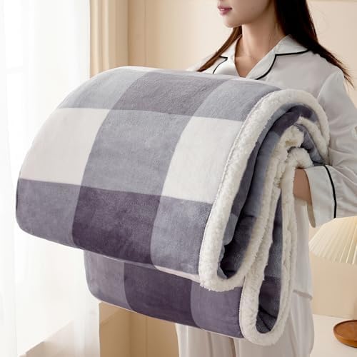 Gracelife Sherpa Blanket Throw Blanket for Couch Bed Sherpa Fleece Blanket Fluffy Checkered Soft Blanket for All Season Use Cozy Thick Warm Big Throws Twin (Grey-Soft White, 60"*80") by Gracelife