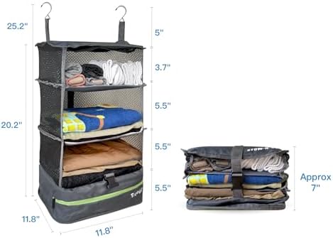 Grand Fusion Stow-N-Go Hanging Travel Shelves, Packing Organizer for Luggage. Carry on Closet for Suitcase. Expandable Packing Cube. Travel Essentials. (Dark Gray - L, L = (L) 11.8" x (W) 11.8") - Image 2
