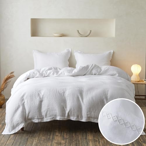Simple&Opulence 100% Linen Duvet Cover Set with Crossed Embroidery Washed - 3 Pieces (1 Duvet Cover with 2 Pillow Shams) Soft Breathable Farmhouse - White, Queen Size by SimpleOpulence