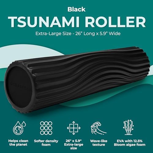 Oceanfoam Tsunami Roller (Black) - Extra-Large, 26" x 5.9" - Soft, Textured Foam Roller for Physical Therapy, Back Pain, Exercise & Stretching - Wave Textured - Yoga, Athletics, & Wellness - Image 2