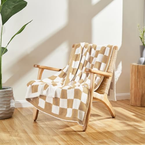 CozeCube Beige White Reversible Checkered Knit Throw Blanket 50"x60" - Image 2