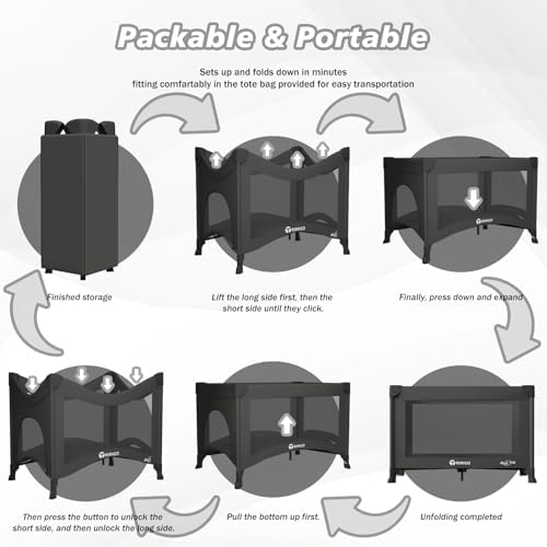 Portable Baby Playard& Playpen with Mattress, Travel Crib, Black - Image 4