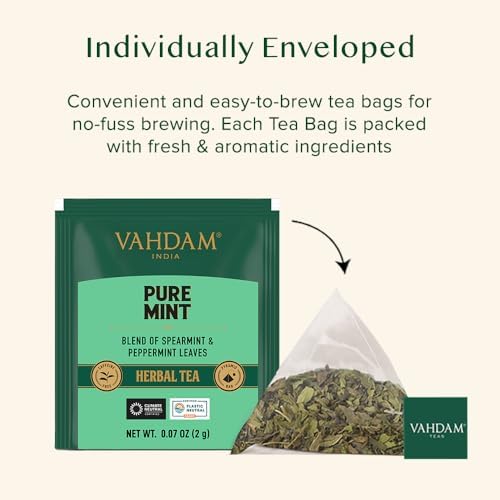 VAHDAM, Pure Mint Herbal Tea (15 Pyramid Tea Bags) Caffeine Free | Blend of Spearmint & Peppermint - Sweet & Minty | Resealable Ziplock Pouch - Image 5