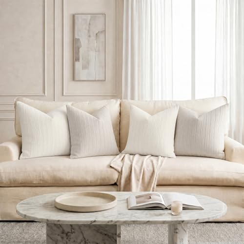 DEZENE 24x24 Beige Throw Pillow Covers Pack of 2 Soft Striped Corduroy Square Neutral Pillow Cases for Couch Sofa Bedroom Living Room Home Decor - Image 7