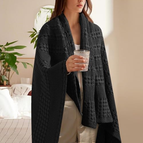 PHF Lightweight 100% Cotton Waffle Throw Blanket for Couch, Black - Image 2
