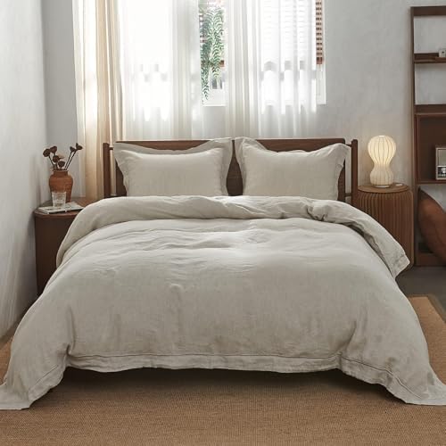 Simple&Opulence 100% French Flax Linen Duvet Cover Set with Embroidery Washed - 3 Pieces (1 Duvet Cover with 2 Pillow Shams) with Button Closure Soft Breathable Farmhouse - Linen, King Size - Image 3