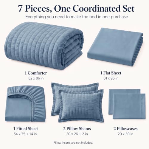 CozyLux Full Comforter Sets, 7 Pieces Grayish Blue Seersucker Bed in a Bag - Image 2
