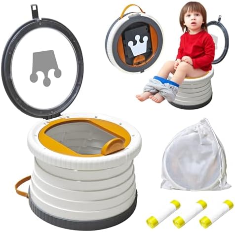 Portable Potty for Toddlers, Foldable Travel Potty with 5-Second Fold, Splash-Proof, Standalone Emergency Toilet with 3 Roll Waste Bags, Road Trips, Camping, Car, Outdoor (White-Gray) by Yszawmx