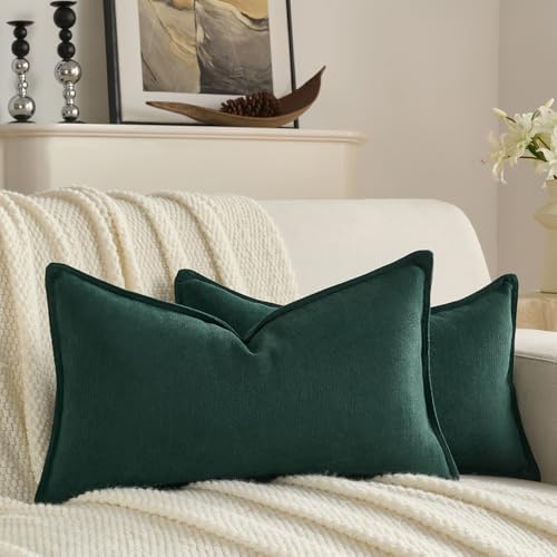 FUTEI Pack of 2 Chenille Throw Pillow Covers 12x20 Inch, Dark Green by FUTEI