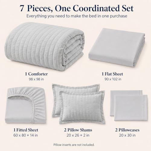 CozyLux Oversized Queen Seersucker Comforter Set, Light Grey, 98 x 98 in - Image 2