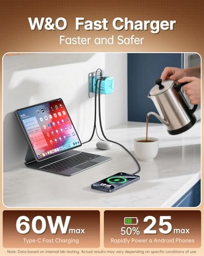 W & O 60W Gan Fast Charger Wall Plug, Built-in Retractable USB-C & L Cables - Image 3