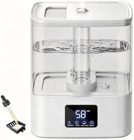 KZF 4L Top Fill Humidifiers for Bedroom & 40H Runtime - Cool Mist Humidifier, 3 Mist Levels, 8H Timer, Essential Oil Tray, Humidity Display, Quiet for Baby, Plants, Large Room (White, 4, Liters) by BreathePureLiveNaturally