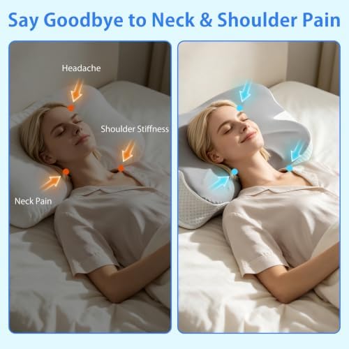 Ergonomic Cervical Pillow for Neck Pain, Dual-Height Memory Foam for Side/Back Sleepers 3.5/4.7in, Cooling Gel Orthopedic Bed Pillow with Washable Cover, 22.8x15in Grey/White - Image 5