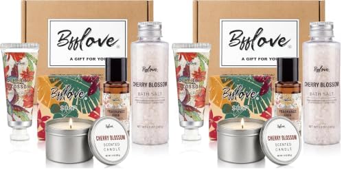 BFFLOVE Gift Set for Women - 5pcs Cherry Blossom Spa Gifts, Birthday, Anniversary, Mother's Day Gifts for Her with Massage Oil, Scented Candle, Bath Salts, Hand Cream (Pack of 2) by BFFLOVE