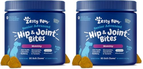 Zesty Paws Mobility Bites Joint Supplement for Dogs - Soft Chews with Glucosamine for Dogs, Chondroitin, & MSM + Vitamins C and E - Adv Chicken - 90 Count (Pack of 2) by ZestyPaws