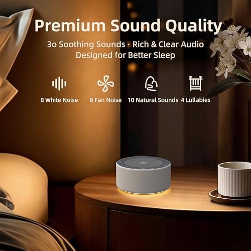 Kipcush White Noise Machine for Baby & Adults, 30 Soothing Sounds, Soft Non-Glare Nursery Lamp, 8 Color Night Lights, Memory Function (Angel V4 Grey, Standard) - Image 6