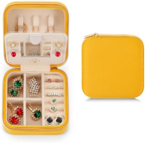 ZPROW Plush Velvet Travel Jewelry Case, Organizer, Box, Small Case for Women, Earring Organizer with Mirror, Best Gifts For Daughter, Girlfriend, Mom - Yellow by ZPROW