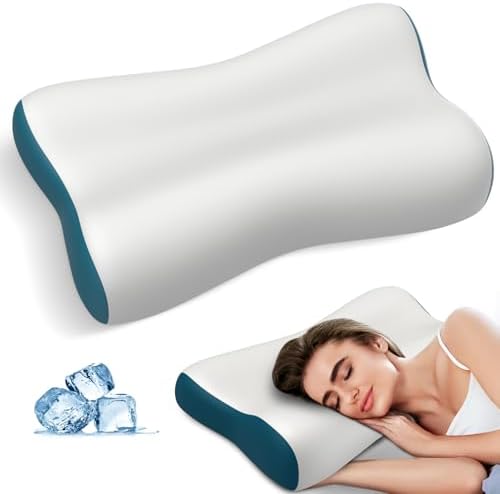 Cervical Neck Pillow for Pain Relief, Contour Memory Foam Pillows Ergonomic Pillow Orthopedic Cooling Pillow Bed Pillow Neck Support for Side Back Stomach Sleepers(Grey&Blue) by Polovo