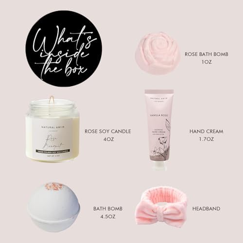 Natural Amor Relaxation Spa Gift Set for Women, 5 Piece Bath & Body Box with Candle, Hand Cream, Bath Bombs & Headband, Self Care Gift for Her - Image 2