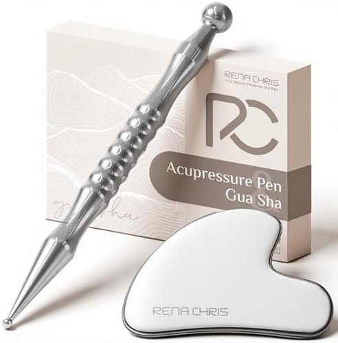 Rena Chris Acupuncture Pen and Gua Sha, Manual Reflexology Tools for Muscle Tension and Pain Relief, Acupressure Pen and Stainless Steel Gua Sha Set with Reflexology Chart, Easy to Use by RenaChris