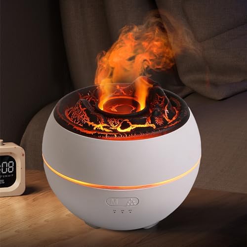 YALEDI Essential Oil Diffuser, Volcano Flame Fire Oil Diffuser, 360ml Ultrasonic Cool Mist Aromatherapy Humidifier, Scent Diffuser with 7 Colors Light, Timer & Auto Shut-Off for Home, Room (White) by Yaledi