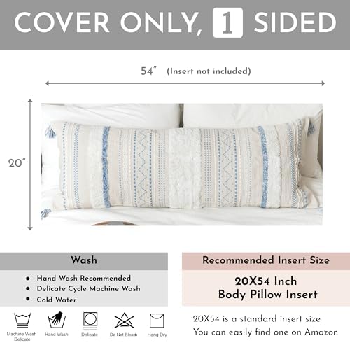 BlissBlush 20X54 Oversized Large Lumbar Pillow Cover for Bed, Rectangular Long Decorative Throw Pillowcase, Cotton Boho Accent Cushion with Blue Tufted Pattern and Tassels, Cream Neutral (Cover Only) - Image 2