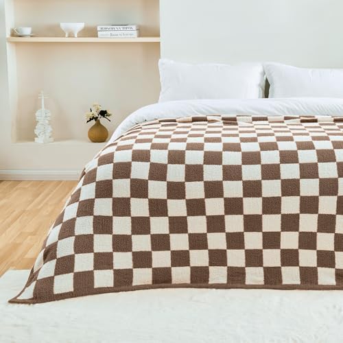 CozeCube Brown White Reversible Checkered Knit Throw Blanket 60"x80" - Image 7