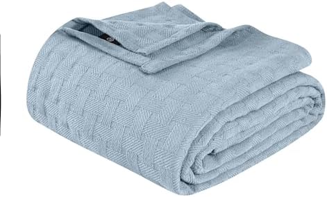 Superior Basketweave Cotton Blanket, Basket Weave Design, Soft, Comfy Cover for Bed, Bedding, Bedroom, Couch Throw, Lounging, Modern Boho Medium Weighted Blankets, Full/Queen, Light Blue by SUPERIOR