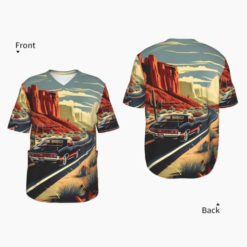 Men's Scrub Top,V-Neck Spill Wrinkle Resistant,3 Pockets-Route 66 Retro (5) - Image 4