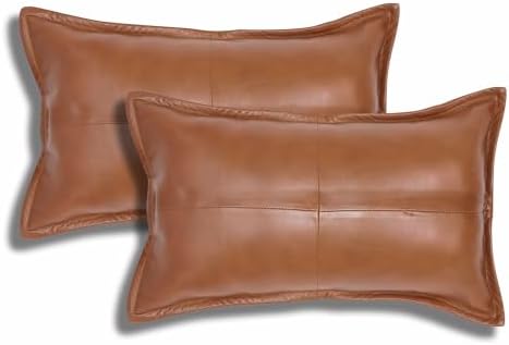 LL LEATHER LOVERS 100% Lambskin Leather Pillow Cover - Sofa Cushion Case - Decorative Throw Covers for Living Room & Bedroom, Mango Tan Antique Pack of 2-16X24 Inch by LLLEATHERLOVERS