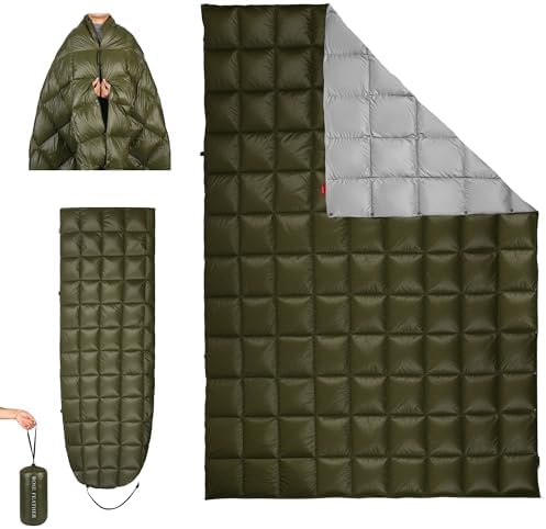 Down Camping Blanket - Lightweight, Packable, Warm & Puffy Outdoor Travel Quilt for Sleep, Hiking, Backpacking, Stadium, Festivals, Water-Resistant Sleeping Bag 55"x79" by ROSEFEATHER