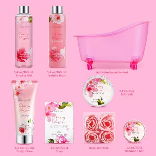 Body & Earth Spa Gifts for Women Self Care Kit - 8pcs Cherry Blossom & Jasmine Bath Sets for Women, Birthday, Christmas Gift Baskets for Mother, Wife, Girlfriends - Image 2