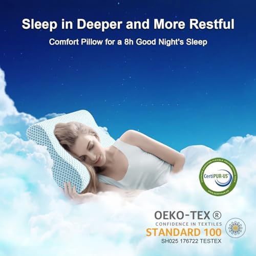 Anvo Memory Foam Pillow, Neck Contour Cervical Orthopedic Bed Pillow for Sleeping Side Back Stomach Sleeper, Ergonomic Design for Neck and Shoulder Pain Relief, Blue White, Soft - Image 6